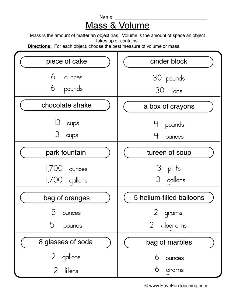 3rd Grade Measurement Worksheet Mass Volume Worksheet