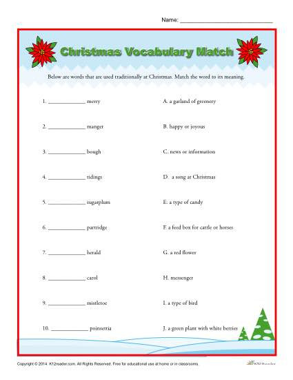 4th Grade Vocabulary Worksheets Christmas Vocabulary Match