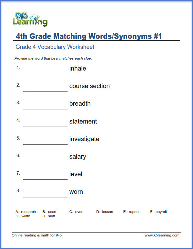 4th Grade Vocabulary Worksheets Grade 4 Vocabulary Worksheets – Printable and organized by