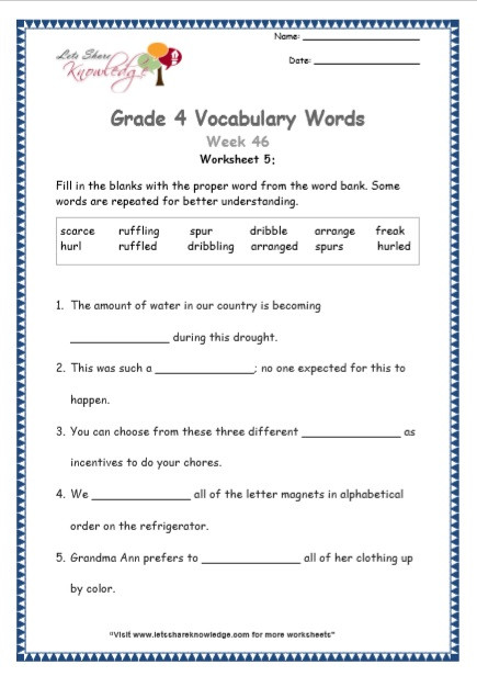 4th Grade Vocabulary Worksheets Grade 4 Vocabulary Worksheets Week 46 Lets Knowledge
