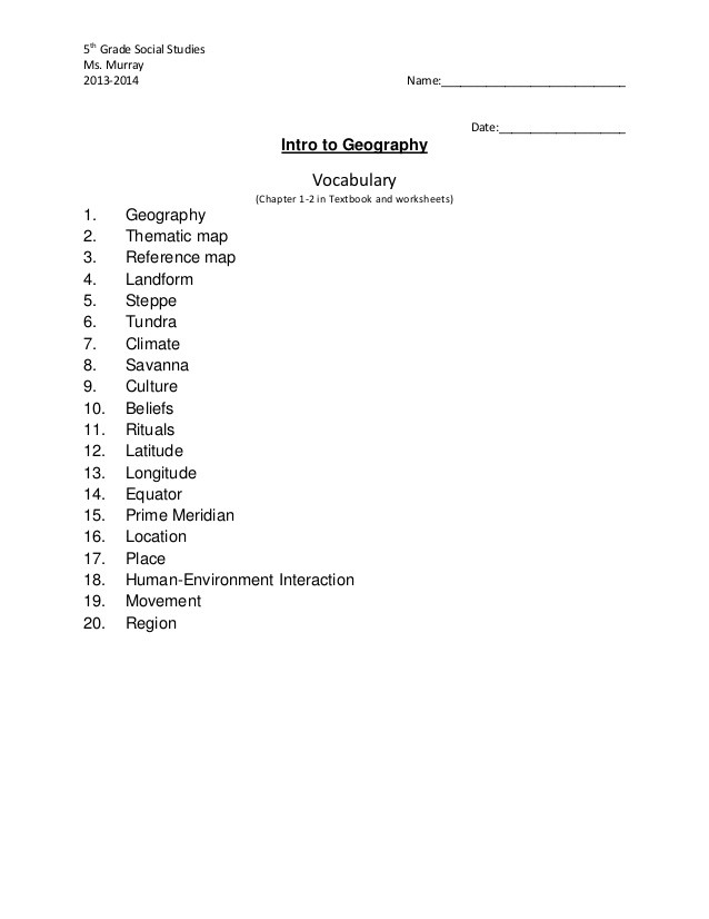 5th Grade Geography Worksheets Geog Vocab List