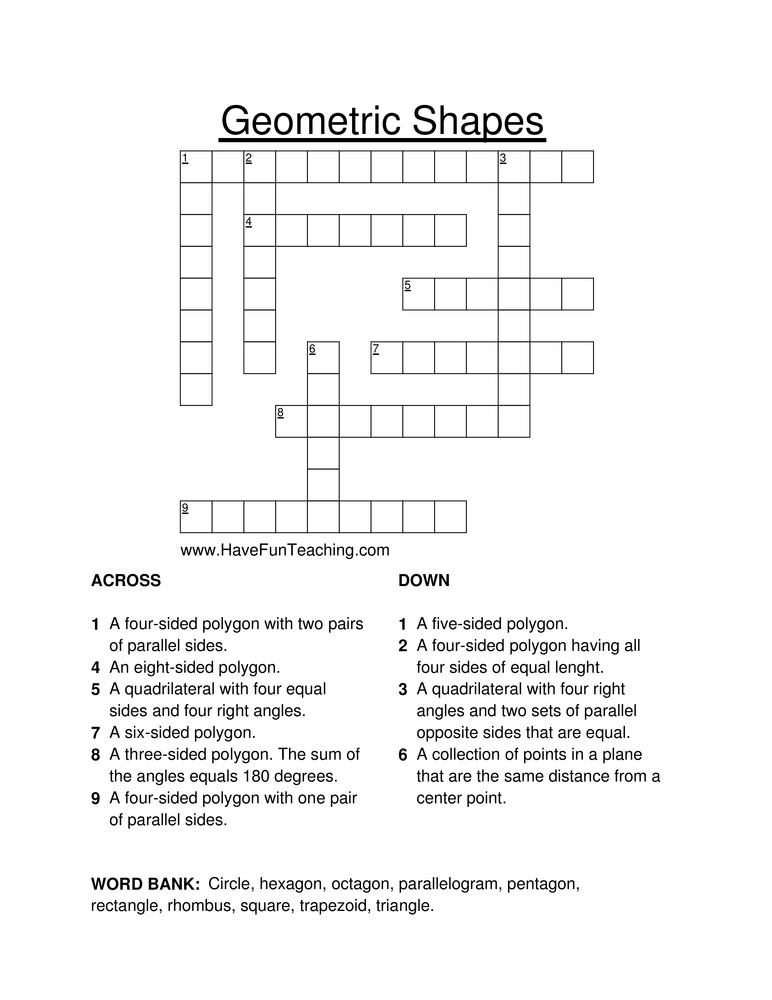 6th Grade Math Crossword Puzzles Geometric Shapes Crossword Puzzle