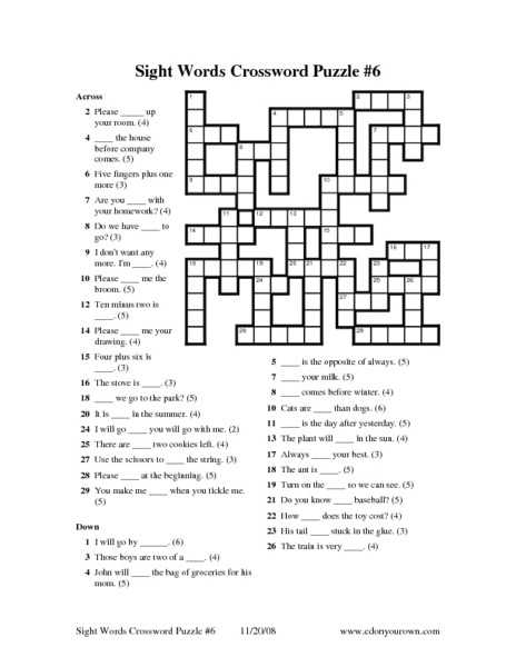 6th Grade Math Crossword Puzzles Sight Words Crossword Puzzle 6 Worksheet for 1st 3rd