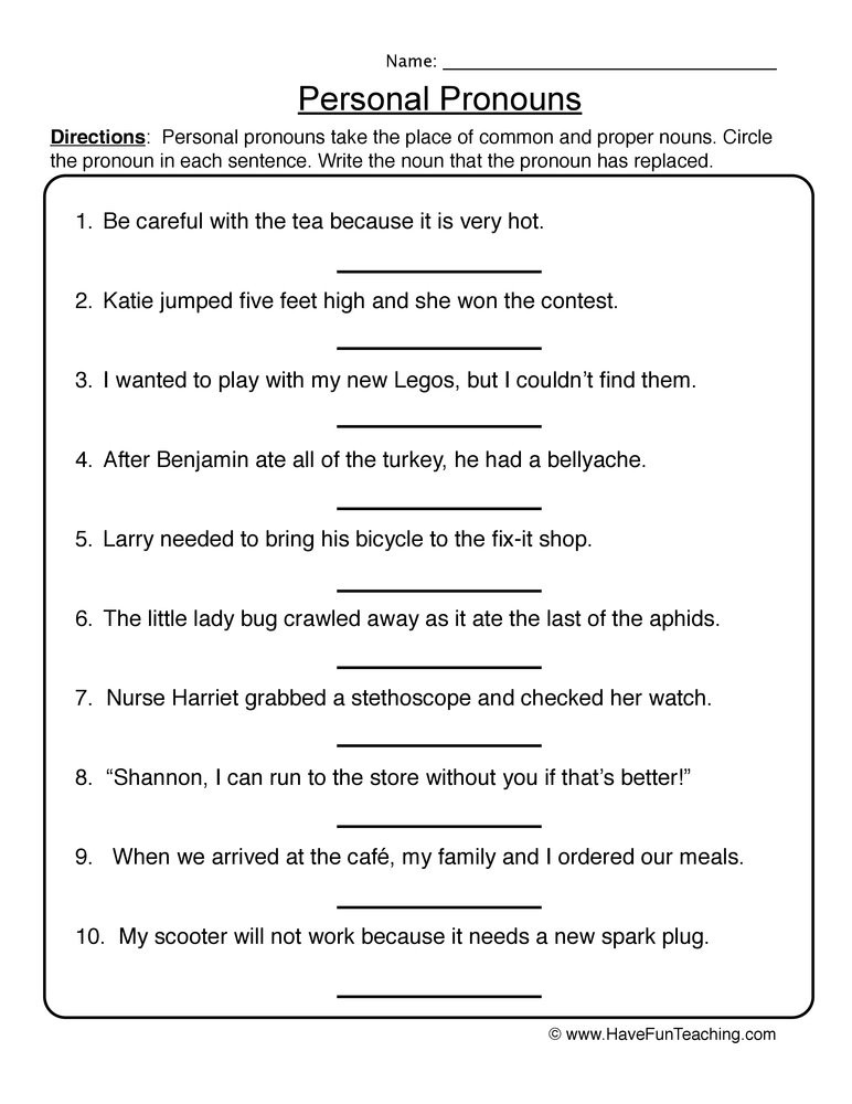 6th Grade Pronoun Worksheets Personal Pronouns Worksheet