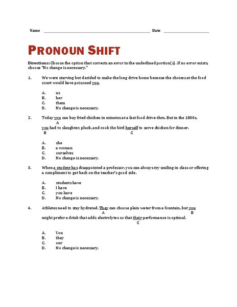 6th Grade Pronoun Worksheets Pronoun Shift Worksheet for 3rd 6th Grade