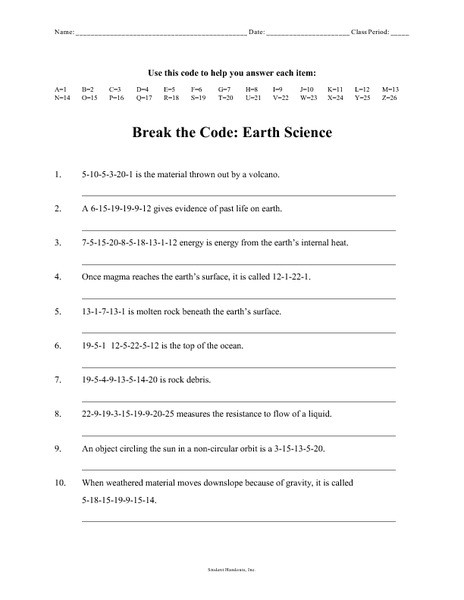 6th Grade Science Worksheets Break the Code Earth Science Worksheet for 6th 10th Grade