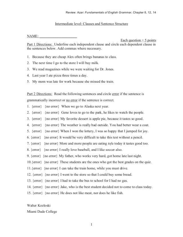 6th Grade Sentence Structure Worksheets Clauses and Sentence Structure Worksheet for 4th 6th Grade