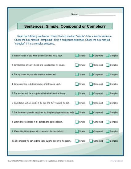 6th Grade Sentence Structure Worksheets Simple Pound or Plex Sentence