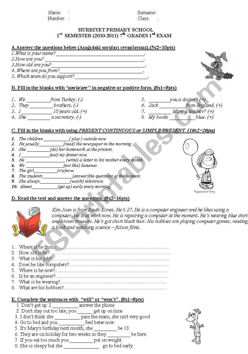 7 Grade Science Worksheets Exam for Grade 7 Esl Worksheet by Irmakgoong