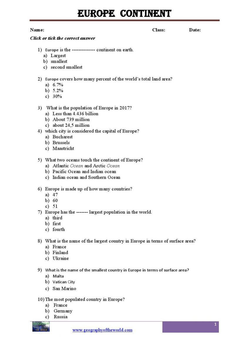7th Grade Geography Worksheets Europe Continent Printable Worksheet Pdf0001