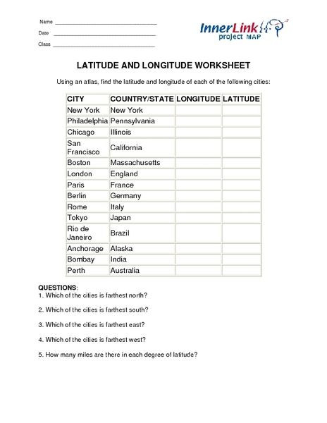 7th Grade Geography Worksheets Project Map Latitude and Longitude Worksheet Worksheet for