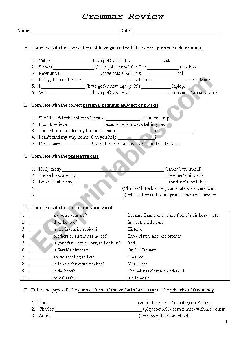 7th Grade Grammar Worksheets Grammar Review 7th Grade Esl Worksheet by Ffpg