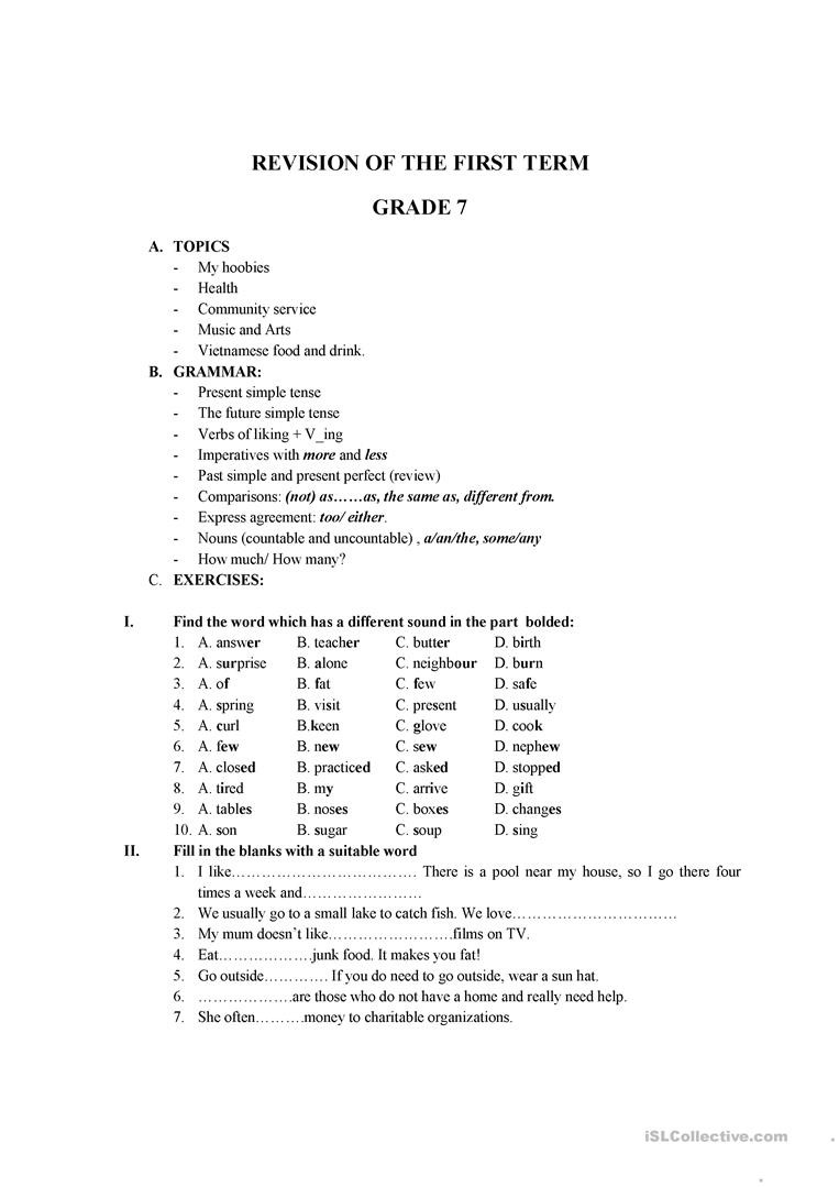 7th Grade Grammar Worksheets Revision Grammar 1st Term 7th Grade Vitenam English Esl