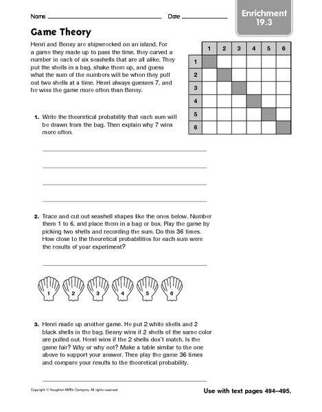 7th Grade Math Enrichment Worksheets Game theory Enrichment Worksheet for 7th Grade