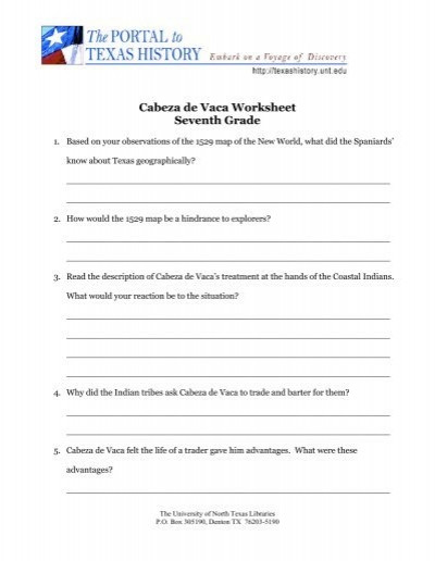 7th Grade World History Worksheets Cabeza De Vaca Worksheet Seventh Grade University Of north