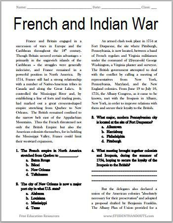 7th Grade World History Worksheets the French and Indian War Free Printable American History