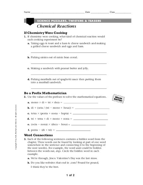 8th Grade Chemistry Worksheets Chemical Reactions Worksheet for 6th 8th Grade