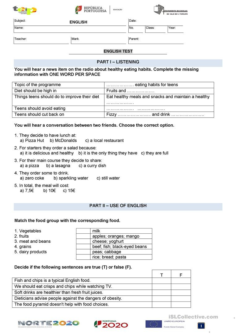 8th Grade English Worksheets 8th Grade Healthy Eating Test Version A English Esl