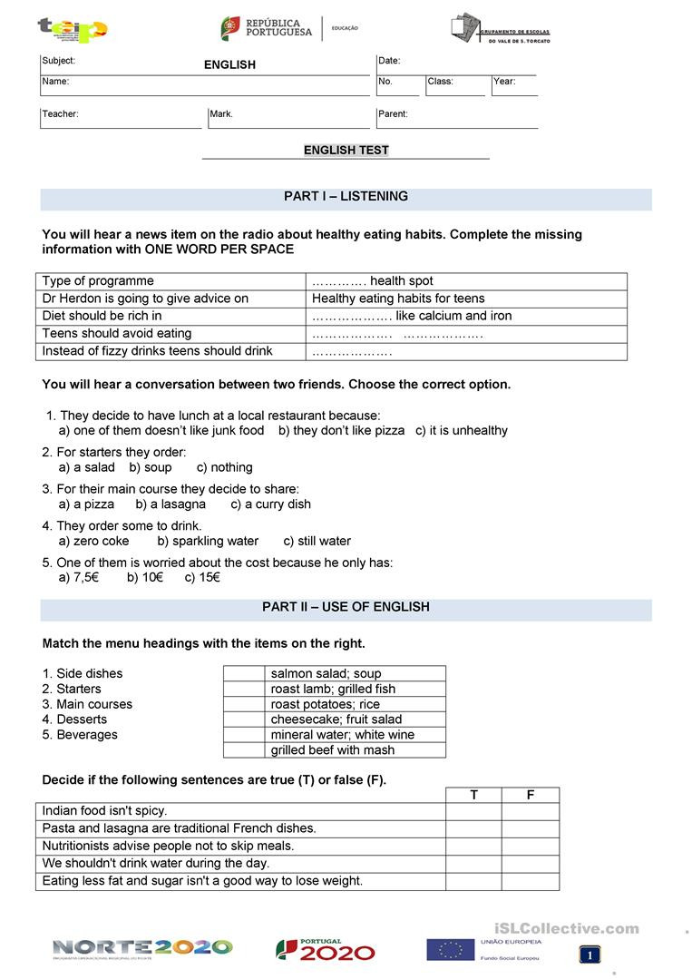 8th Grade English Worksheets 8th Grade Healthy Eating Test Version B English Esl