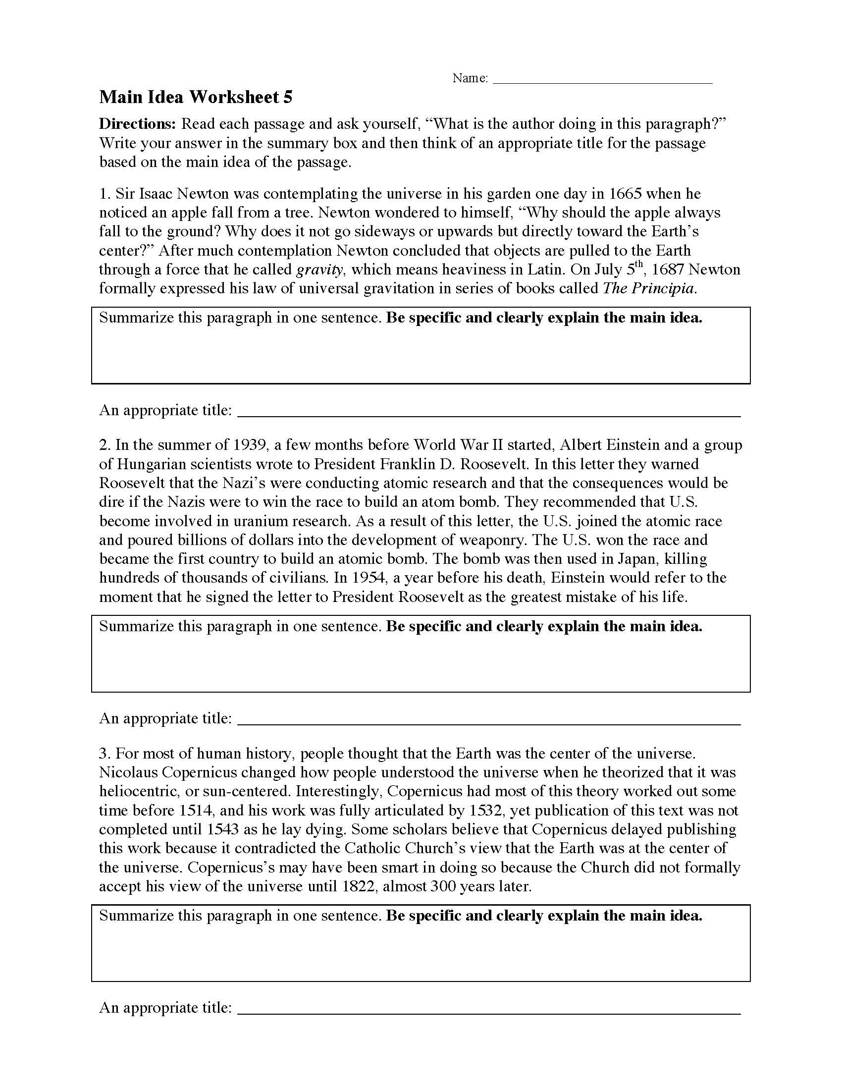 8th Grade Main Idea Worksheets Main Idea Worksheets Grade 1