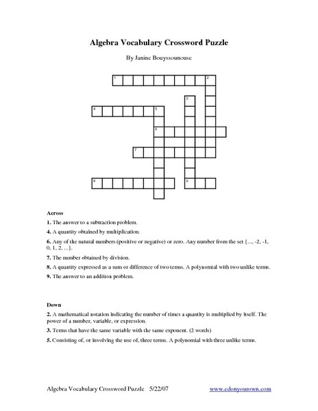 8th Grade Math Vocabulary Crossword Algebra Vocabulary Crossword Puzzle Worksheet for 5th 8th