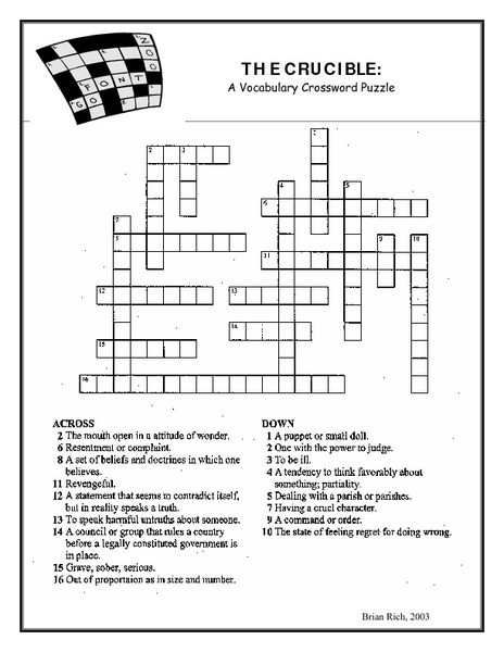 8th Grade Math Vocabulary Crossword the Crucible A Vocabulary Crossword Puzzle Worksheet for