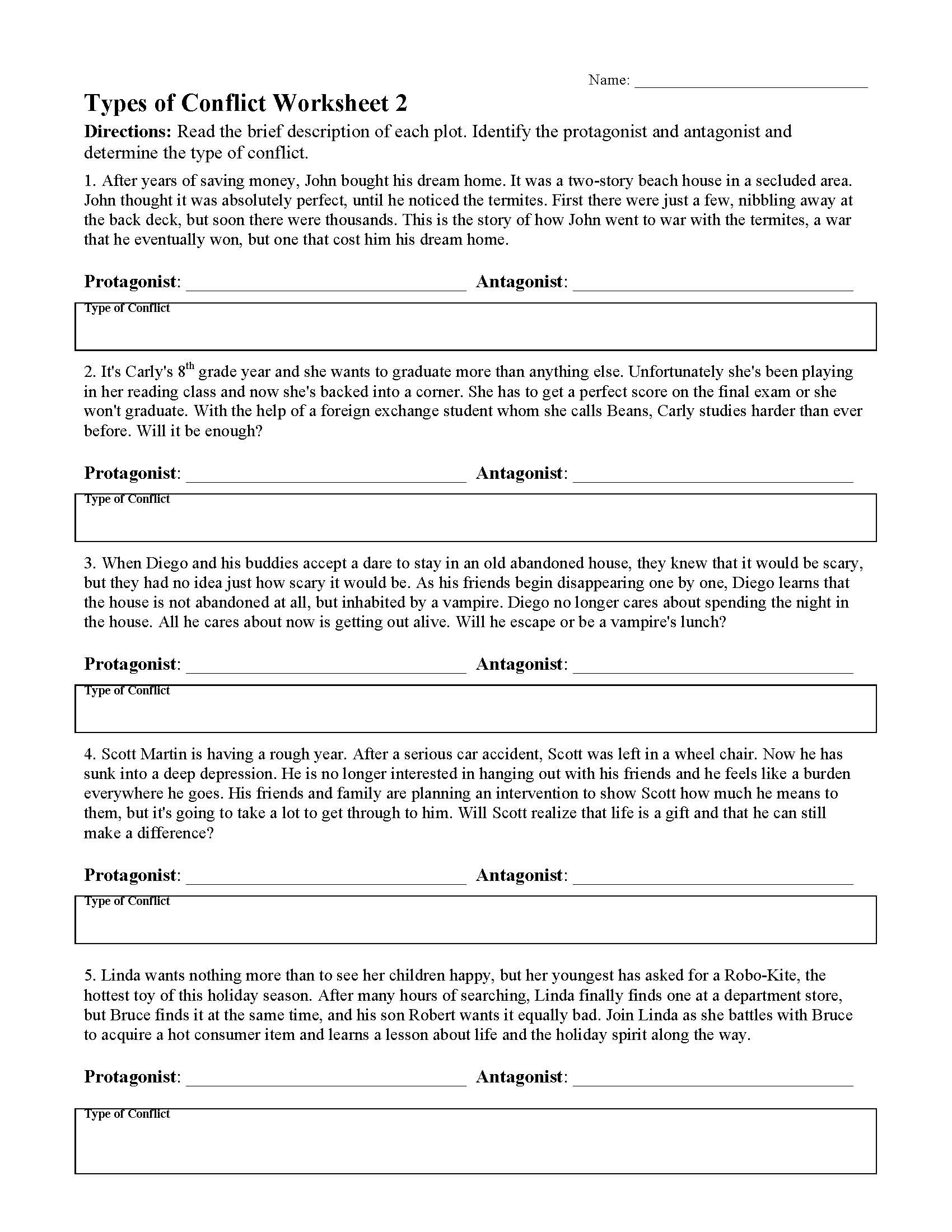 8th Grade Reading Worksheets Types Of Conflict Worksheet 2