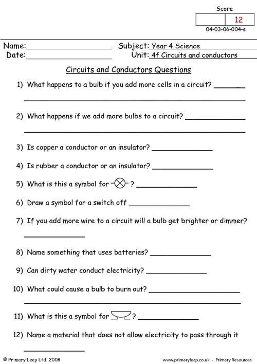 8th Grade Science Worksheets Circuits and Conductors Questions In 2020