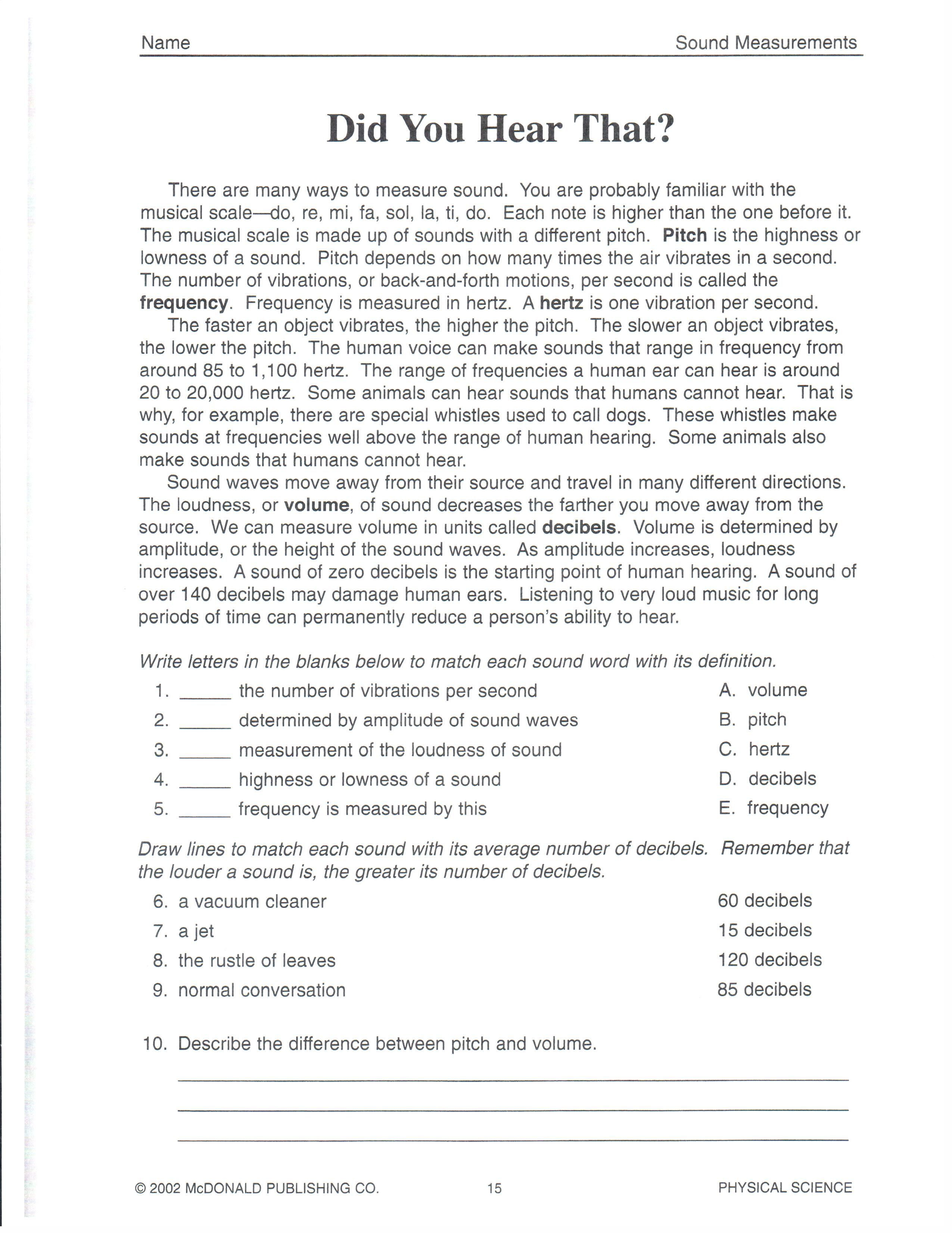 8th Grade Science Worksheets Science Worksheet for Grade 8 sound