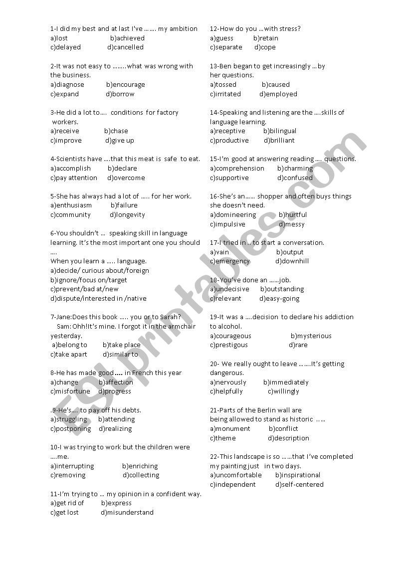 8th Grade Vocabulary Worksheets 8th Grade Vocabulary Test Esl Worksheet by Nesreenn22