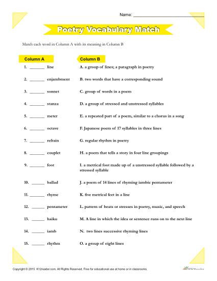 8th Grade Vocabulary Worksheets Poetry Vocabulary Match