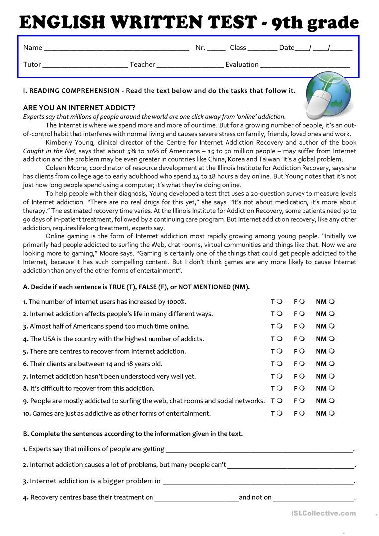 9th Grade Reading Comprehension Worksheet the Internet Test 9th Grade A2 B1 English Esl