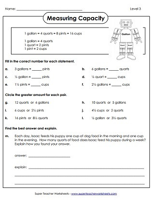 Capacity Worksheets 3rd Grade Capacity Worksheets Gallons Quarts Pints and Cups