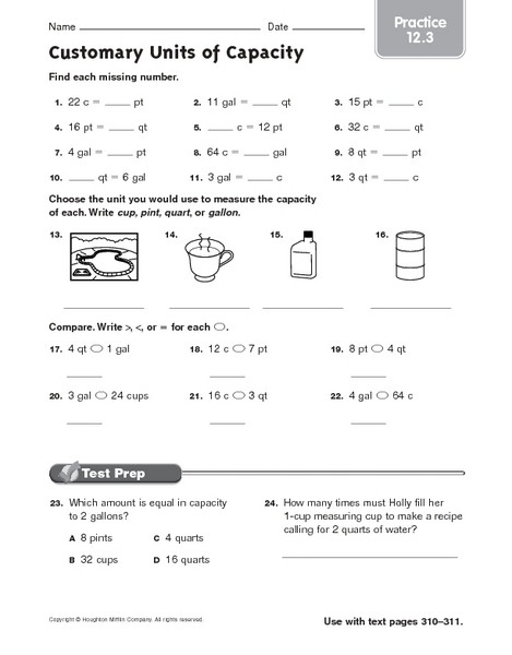 Capacity Worksheets 3rd Grade Customary Units Of Capacity Practice 12 3 Worksheet for