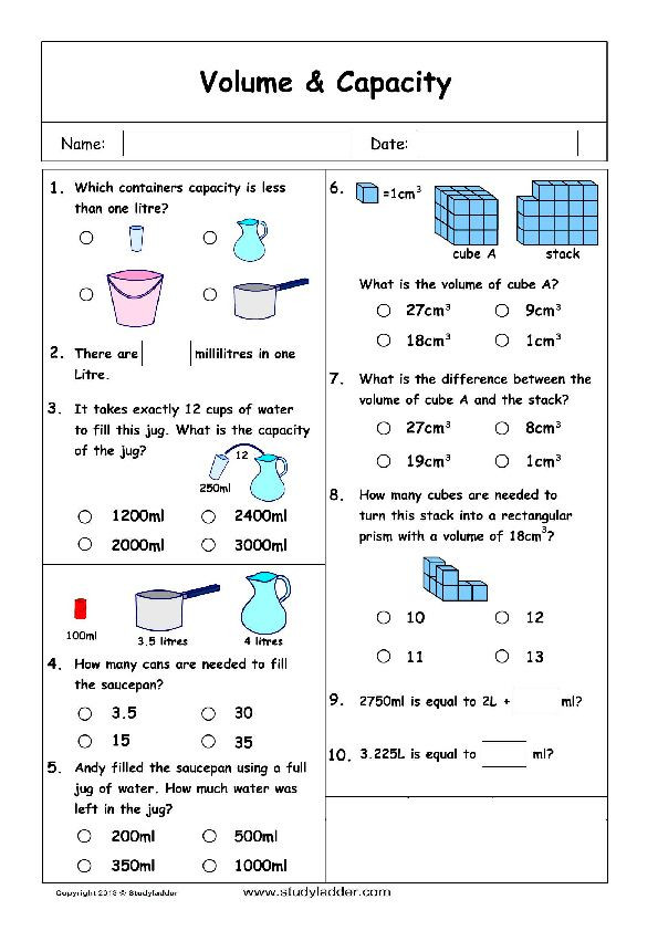 Capacity Worksheets 3rd Grade Volume and Capacity Problem solving to