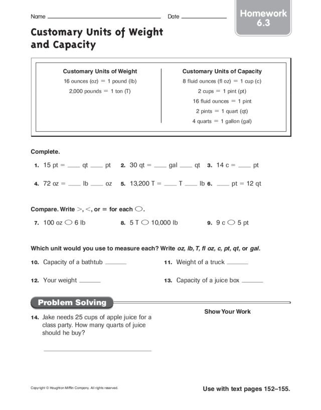 Capacity Worksheets 4th Grade Customary Units Of Weight and Capacity Homework 6 3