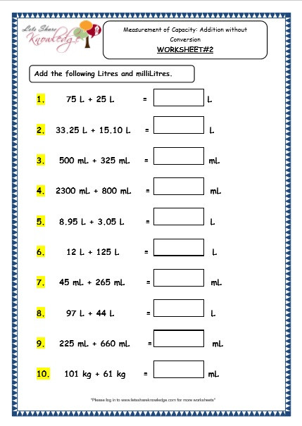 Capacity Worksheets 4th Grade Grade 3 Maths Worksheets 13 3 Measurement Of Capacity