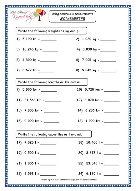 Capacity Worksheets 4th Grade Grade 4 Maths Resources 3 9 Using Decimals In Measurements