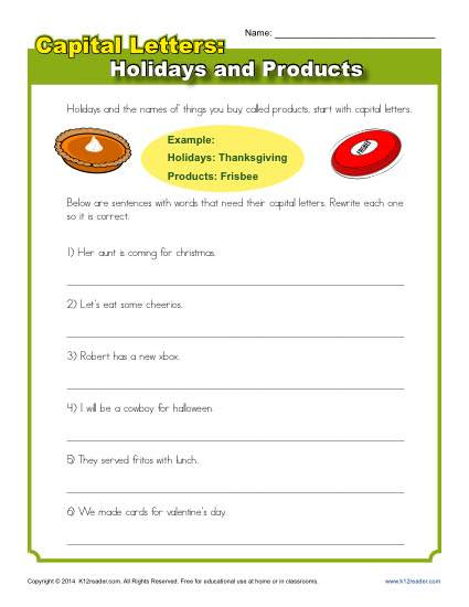 Capitalization Worksheets for 2nd Grade Capitalization Worksheet Holidays and Products Practice