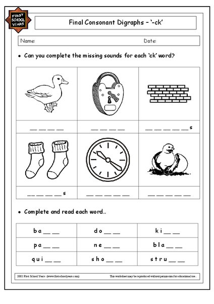 Ck Worksheets for 1st Grade Final Consonant Digraphs Ck Worksheet for 1st 2nd Grade