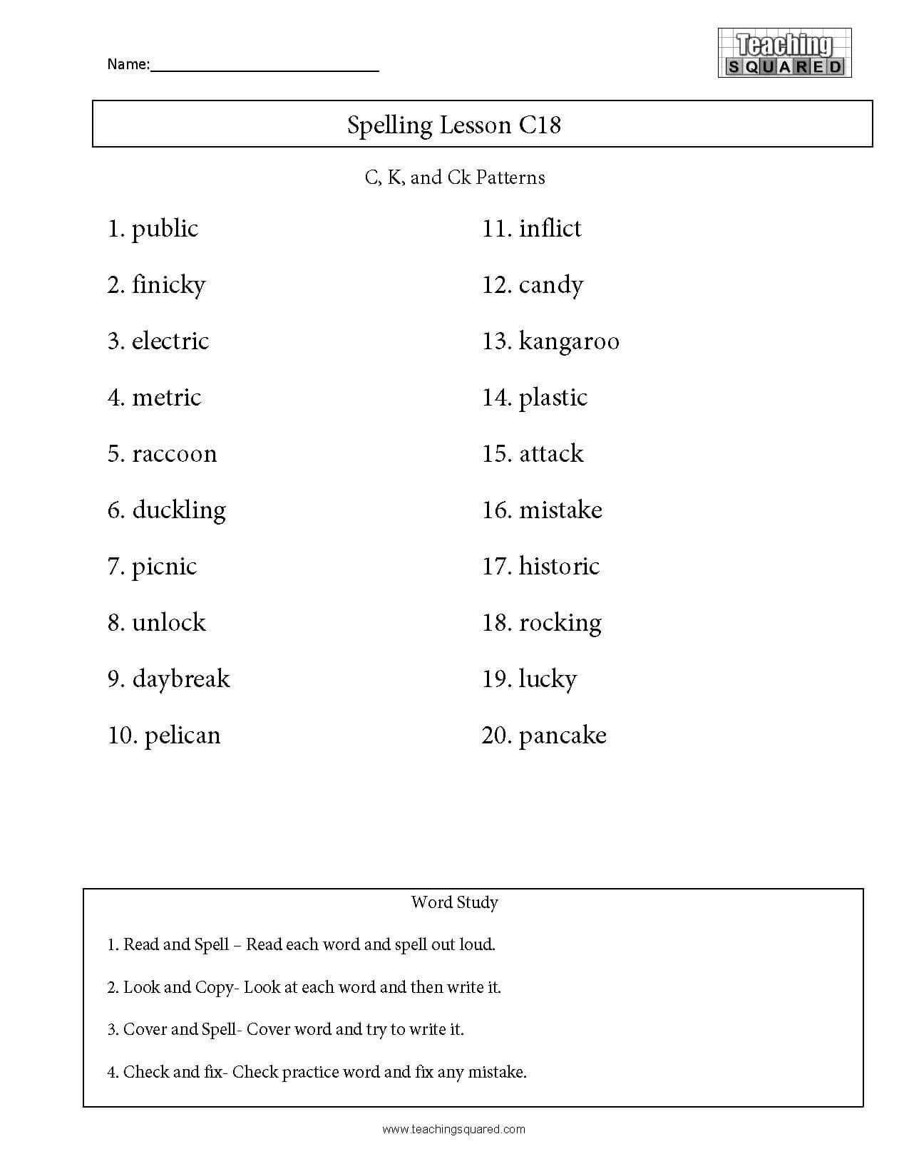 Ck Worksheets for 2nd Grade Spelling List C18 C K and Ck Patterns Teaching Squared