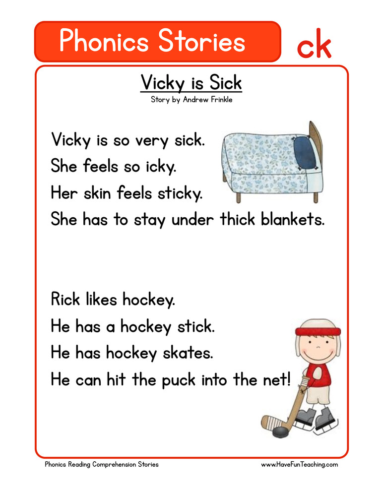 Ck Worksheets for 2nd Grade Vicky is Sick Ck Phonics Stories Reading Prehension Worksheet