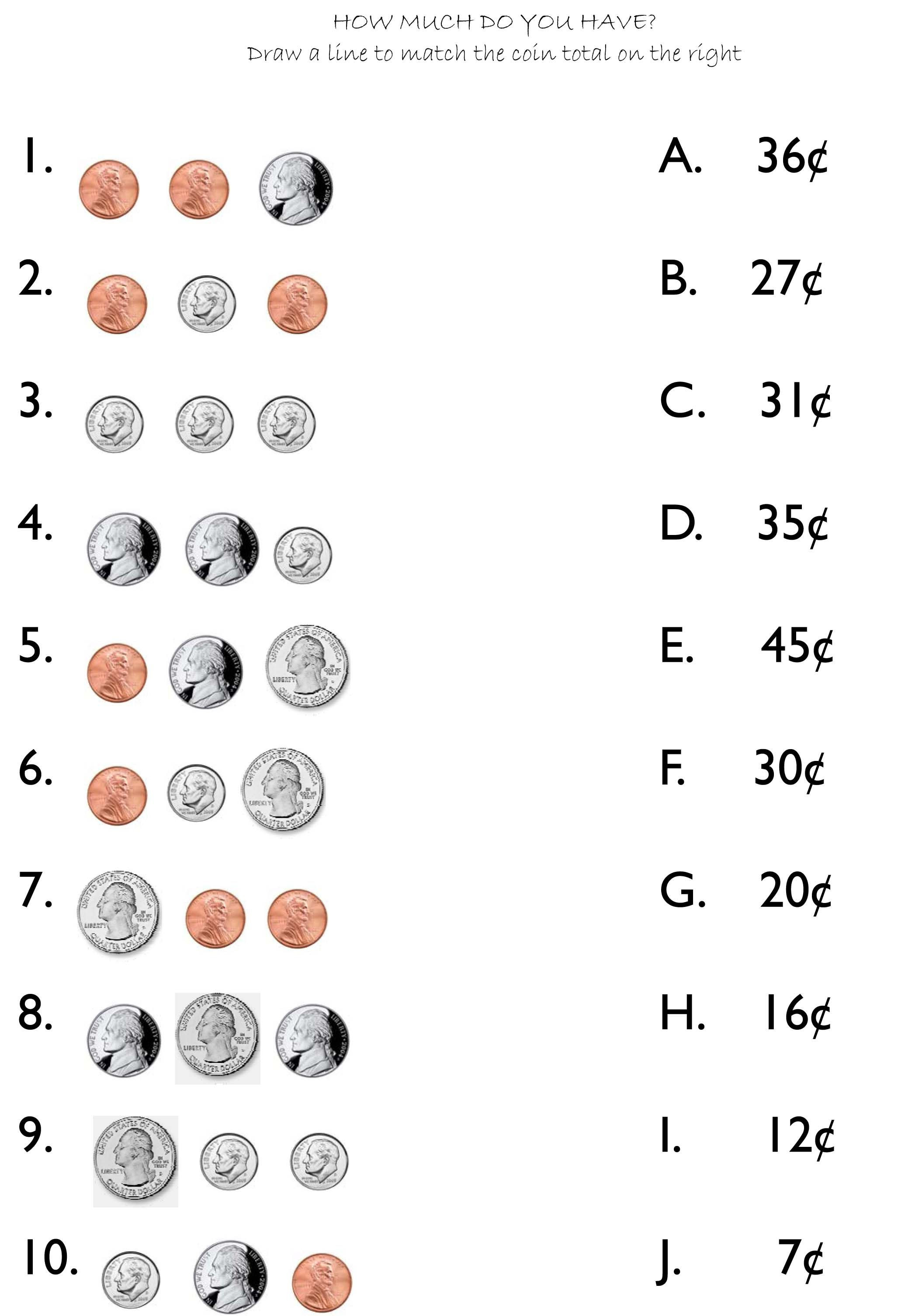 Coin Worksheets for 2nd Grade Money Matching Worksheets