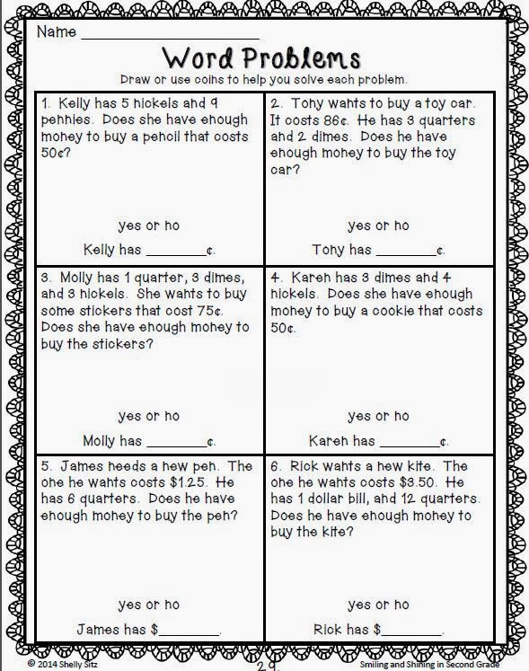 Coin Worksheets for 2nd Grade solving Word Problems with Dollar Bills Quarters Dimes