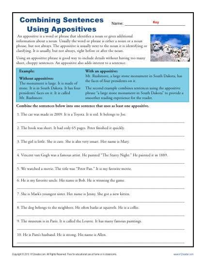 Combining Sentences Worksheets 5th Grade Bining Sentences with Appositives