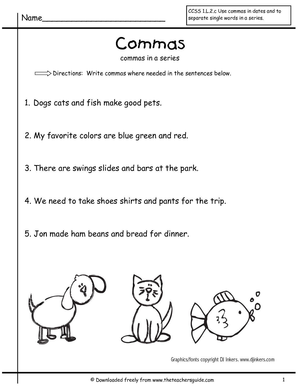 Comma Worksheets 2nd Grade Grammar Worksheets Mas In A Series First Grade Free