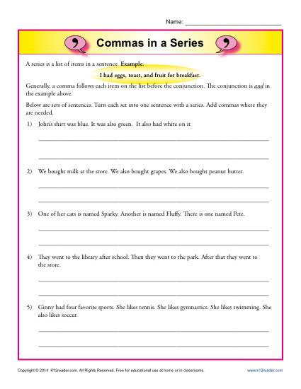 Comma Worksheets 2nd Grade Mas In A Series