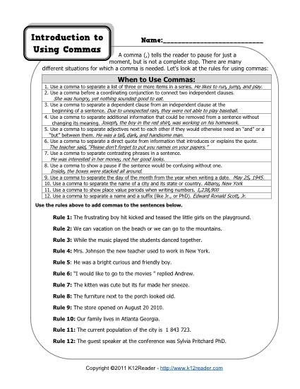 20 Commas Worksheet 4th Grade Desalas Template