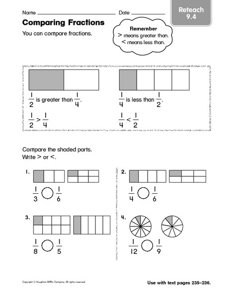 Comparing Fractions Worksheet 3rd Grade Paring Fractions Reteach 9 4 Worksheet for 2nd 3rd