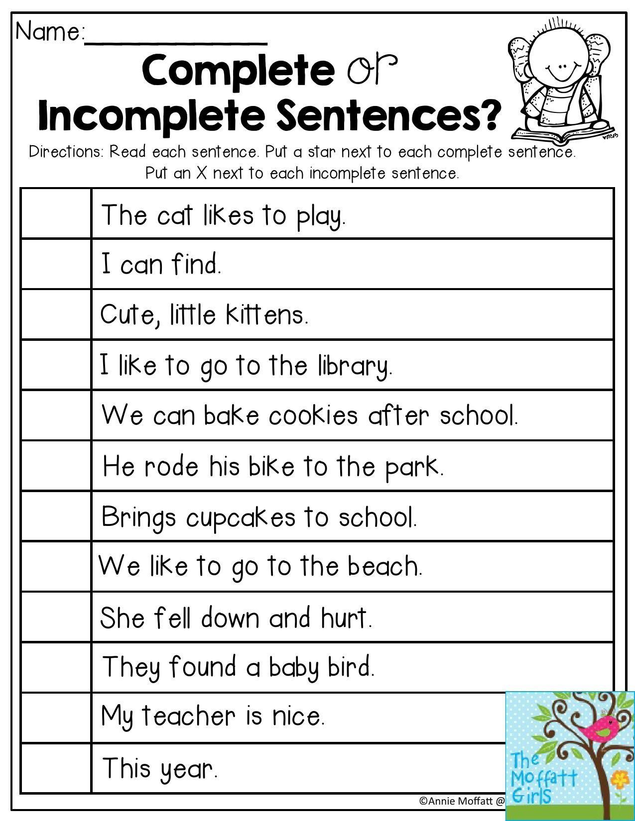 Complete Sentences Worksheets 1st Grade Back to School Packets